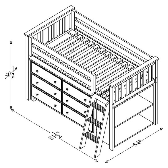 Chelsea White Twin Low Loft Bed with Storage Dimensions