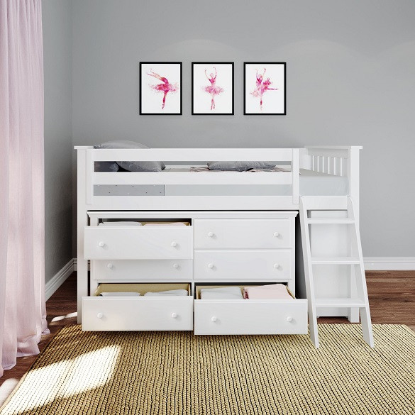 Chelsea White Twin Low Loft Bed with Storage Front View Drawers Open Room