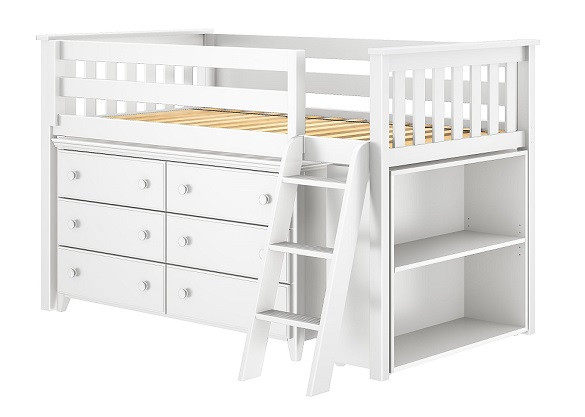 Chelsea White Twin Low Loft Bed with Storage Angled View