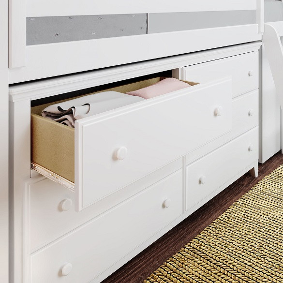 Chelsea White Twin Low Loft Bed with Storage Dresser Drawer Detail