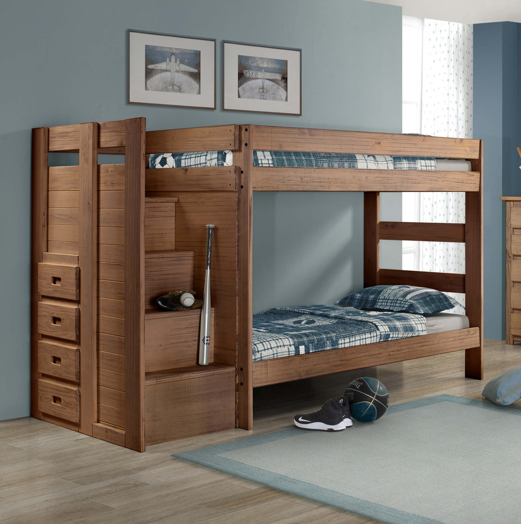 Hemet Mahogany Brown Twin XL Bunk Bed with Steps sports themed