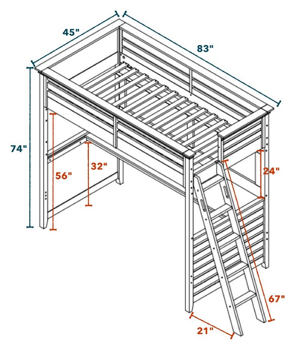 Trixie White Twin Loft Bed with Desk Dimensions