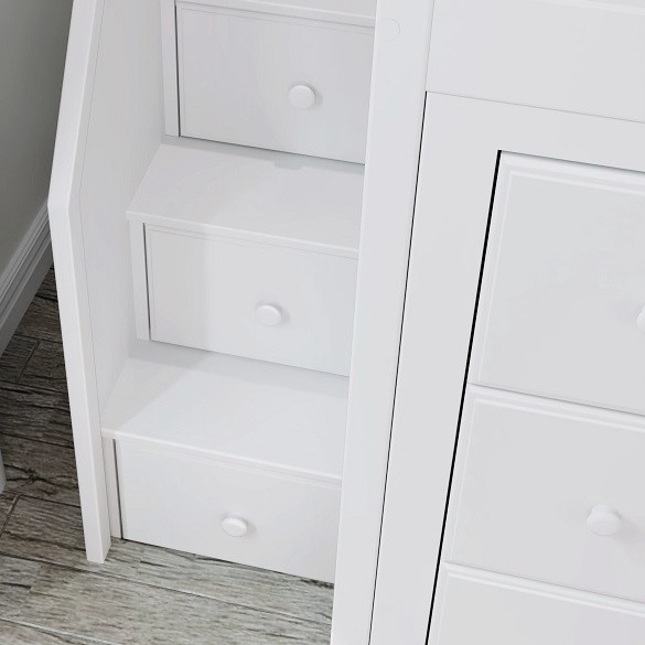 Chelsea White Twin Size Storage Loft Bed with Stairs Stair Detail