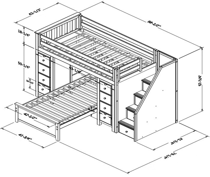 Chelsea White Twin Size Storage Loft Bed with Stairs shown with Optional Bottom Twin Bed Dimensions