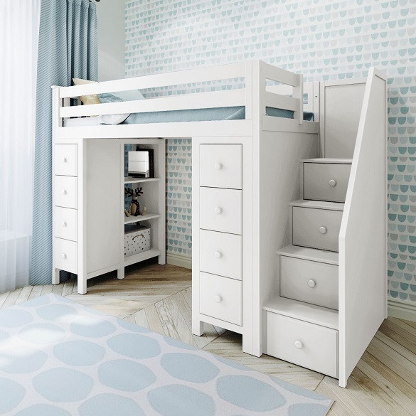 Chelsea White Twin Size Storage Loft Bed with Stairs Angled View Room
