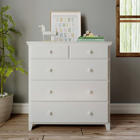 Chelsea White 5 Drawer Chest Front View Room
