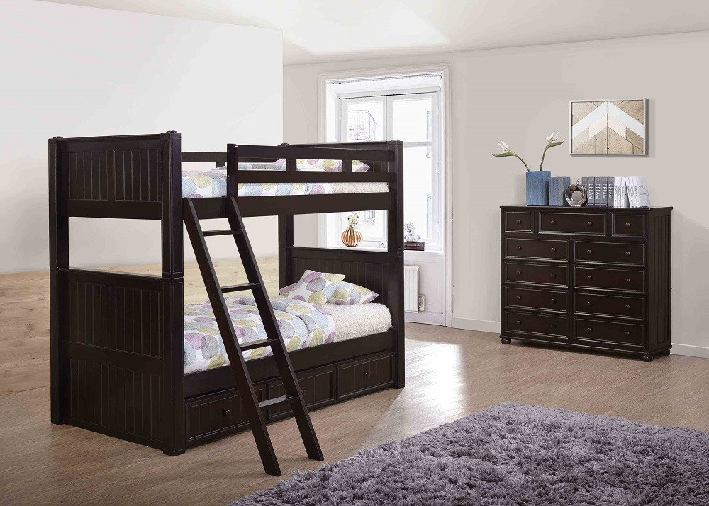 Foster Espresso Twin XL Bunk Beds shown with Optional XL Storage Trundle and 11 Drawer Dresser Room