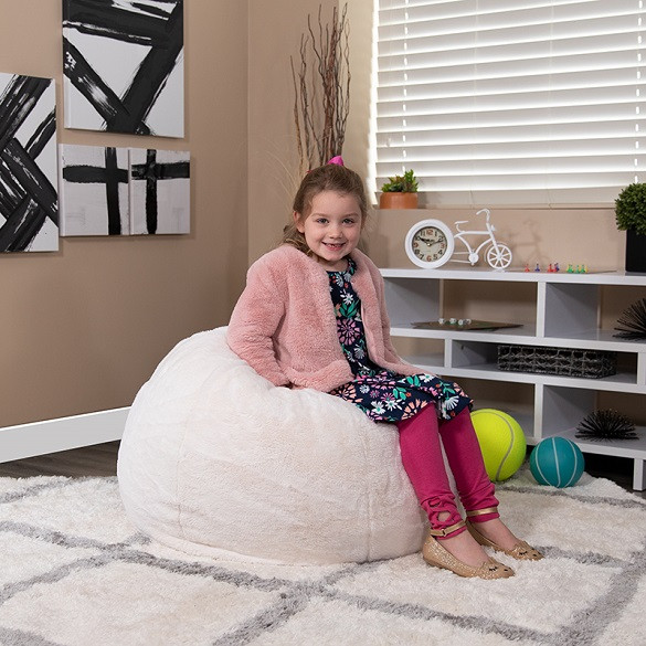 White Faux Fur Bean Bag Chairs for Kids with Kid Room