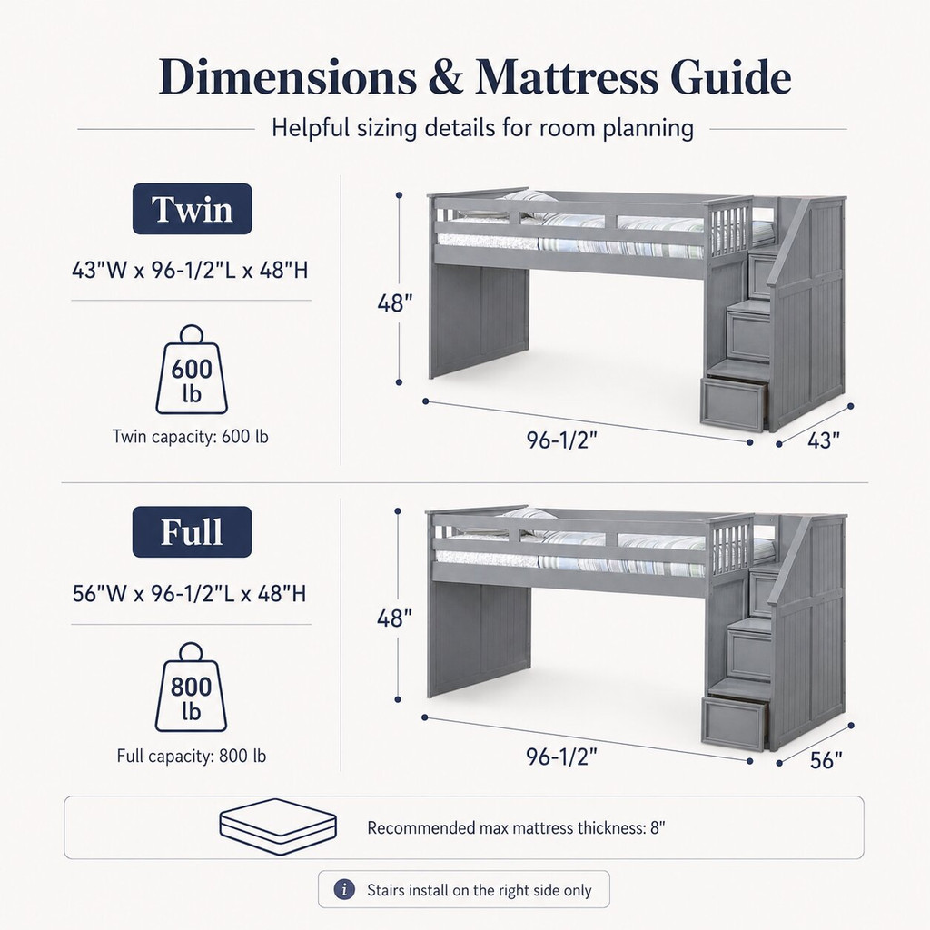 Moreno Stairway Low Loft Bed with Storage dimensions and mattress guide