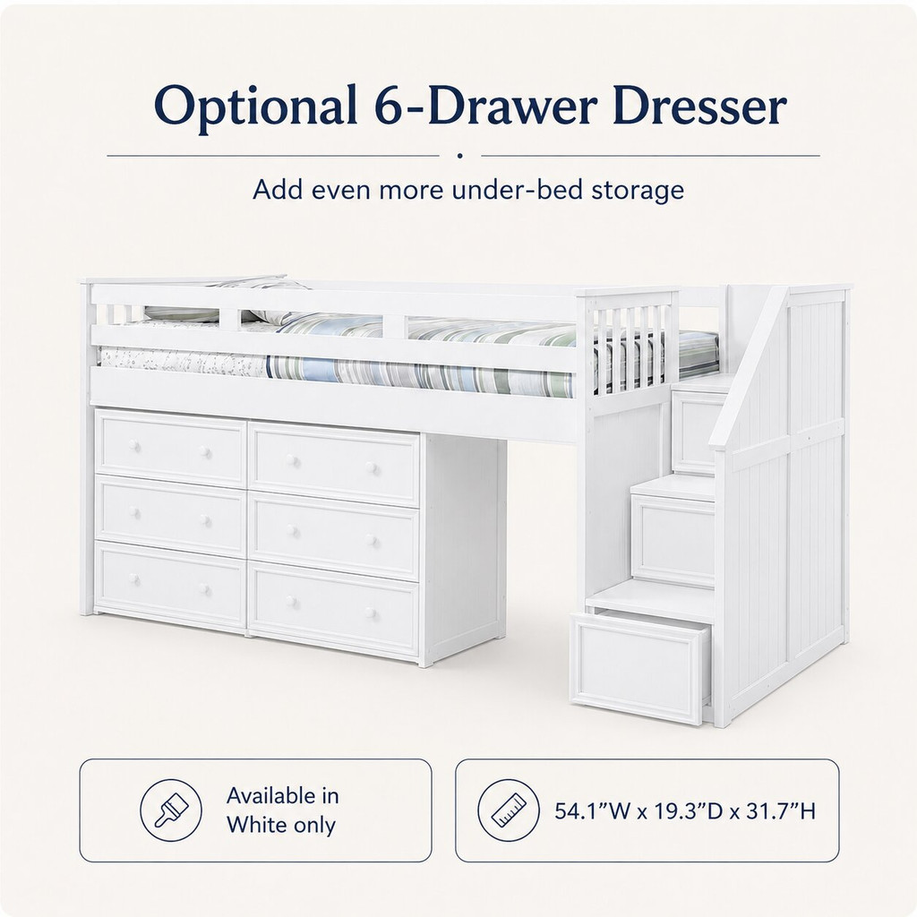 Moreno Stairway Low Loft Bed with Storage shown with Optional 6 Drawer Dresser White