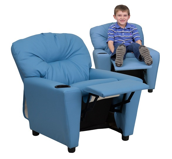 Vinyl Kids Recliner with Cup Holder Reclined with Kid Light Blue