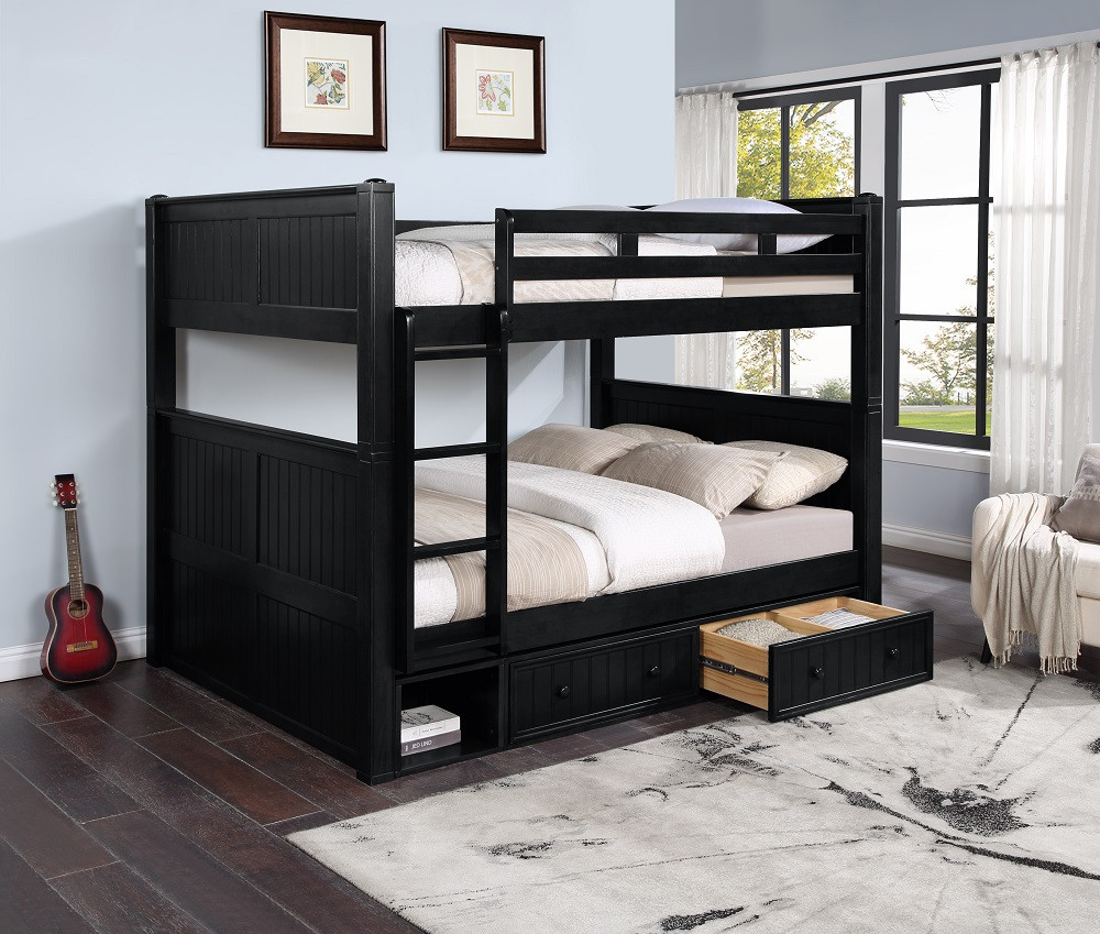 Eberhardt Black Queen over Queen Bunk Bed shown with Optional Vertical Short Ladder & XL Underbed Storage Drawers with Cubby Room