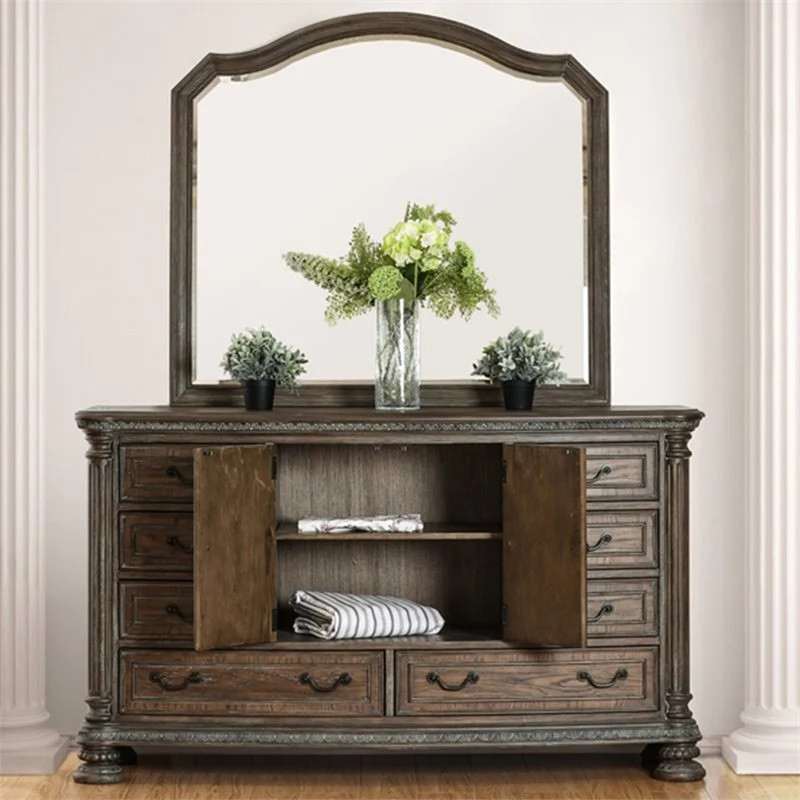 Lucinda Eight Drawer Dresser Front View Doors Open shown with Optional Mirror Room
