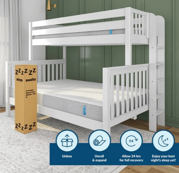 Max Memory Foam Twin XL Mattress shown on Twin XL over Queen Bunk Bed