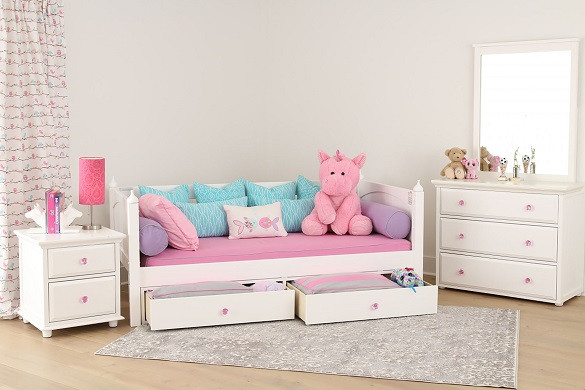 Casey’s White Twin Size Kids Daybed-Panel Ends Shown with Optional Set of 2 Under Bed Storage Drawers (Crystal Knobs not included)