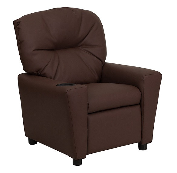 Leather Kids Recliner with Cup Holder Brown