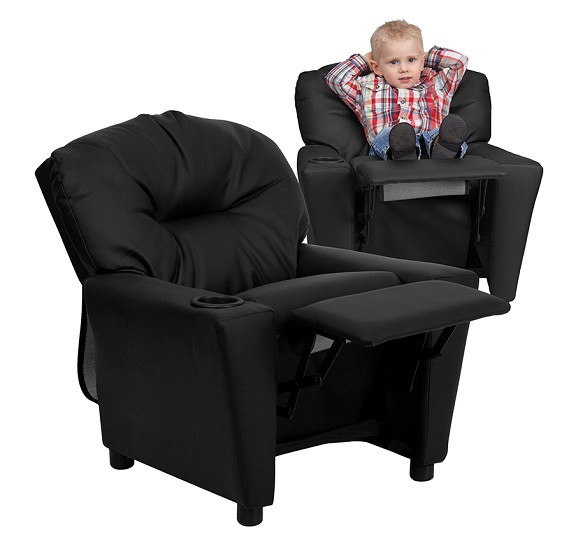 Leather Kids Recliner with Cup Holder Reclined Black