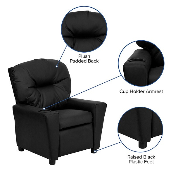 Leather Kids Recliner with Cup Holder Details Black