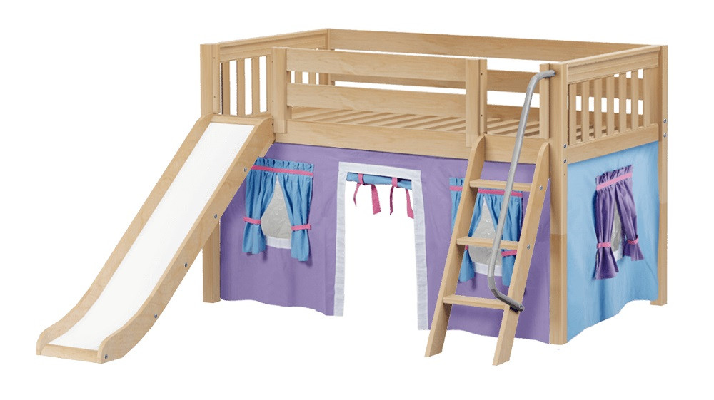 Casey's Natural Twin Fort Kids Bed with Slide-Slatted Ends-Purple/Light Blue/Hot Pink Curtains