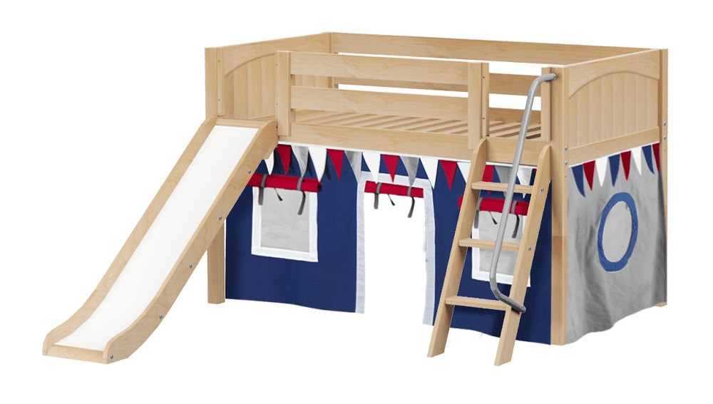 Casey's Natural Twin Fort Kids Bed with Slide-Panel Ends-Navy/Red/Gray Curtains