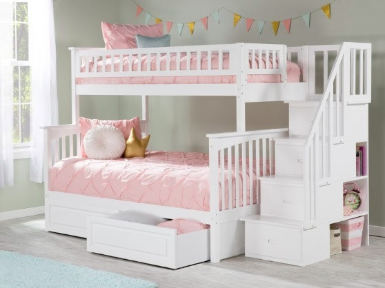 Ogden Twin over Full White Bunk Bed with Stairs shown with Optional Set of 2 Under Bed Storage Drawers