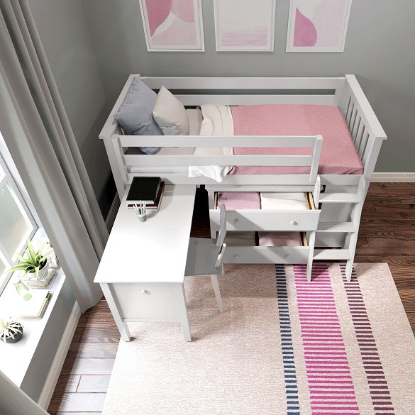 Chelsea White Twin Low Loft Bed with Desk and Dresser Top View Desk Out Drawers Open Room