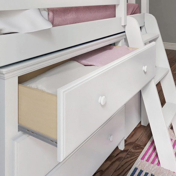 Chelsea White Twin Low Loft Bed with Desk and Dresser Drawer Detail