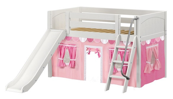 Casey's White Twin Fort Kids Bed with Slide-Panel Ends-Pink Curtains