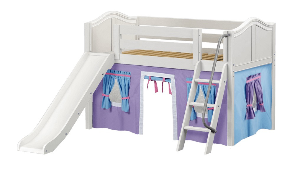 Casey's White Twin Fort Kids Bed with Slide-Curved Ends-Purple/Light Blue/Hot Pink