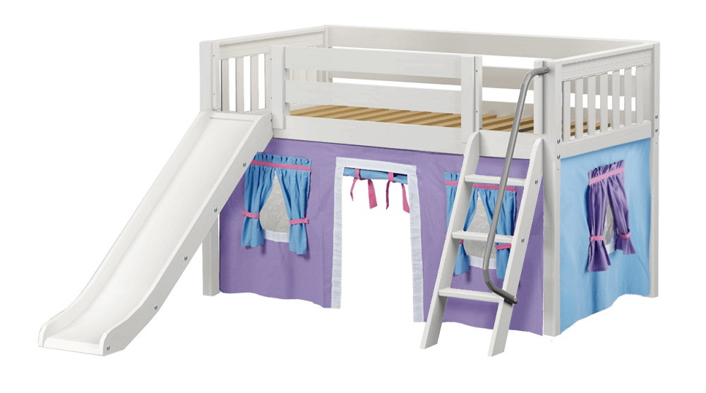 Casey's White Twin Fort Kids Bed with Slide-Slatted Ends-Purple/Light Blue/Hot Pink