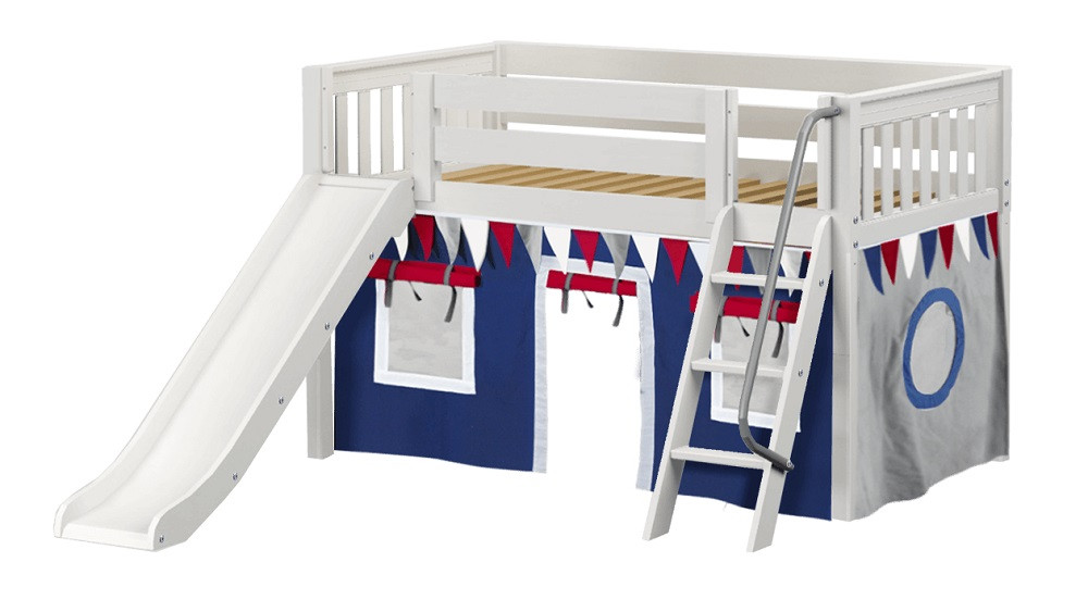 Casey's White Twin Fort Kids Bed with Slide-Slatted Ends-Navy/Red/Gray