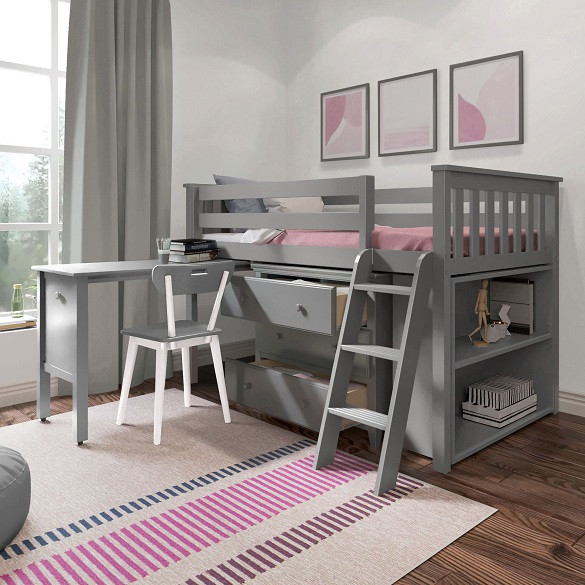 Almere Gray Twin Low Loft Bed with Desk and Dresser Angled View Desk Out Drawers Open Room
