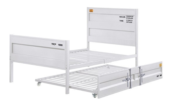 Shipping Container White Twin Metal Bed Frame shown with  Optional Twin Trundle