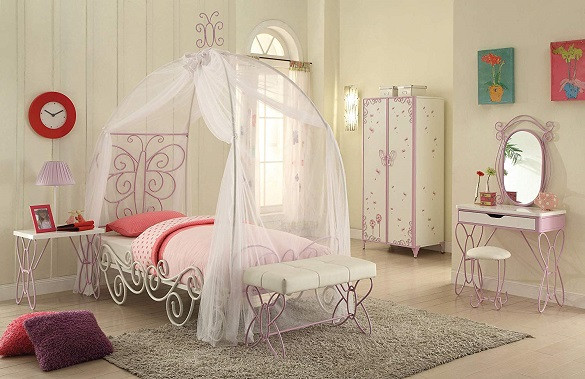 Kaia White and Purple Butterfly Girls Bed Bench with Bed
