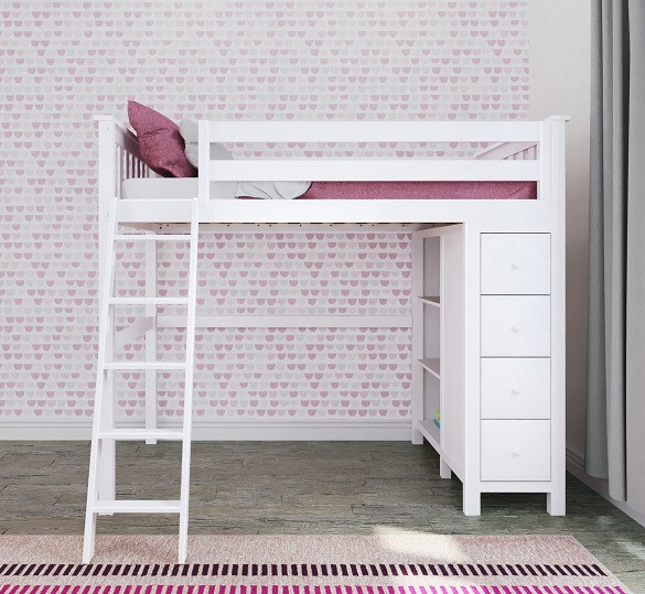 Anaya White Twin Loft Bed with Storage Front View Room