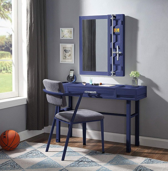 Shipping Container Blue Metal Vanity Mirror shown with Optional Blue Metal Vanity Desk