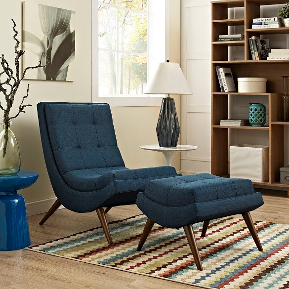 Millicent Blue Armless Lounge Chair and Ottoman Room