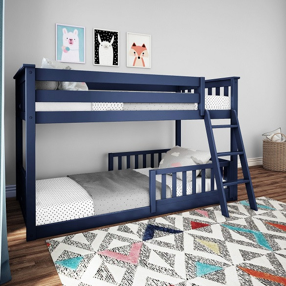 Brody Blue Low Bunk Beds for Kids shown with 2 Optional Bottom Bunk Safety Rails