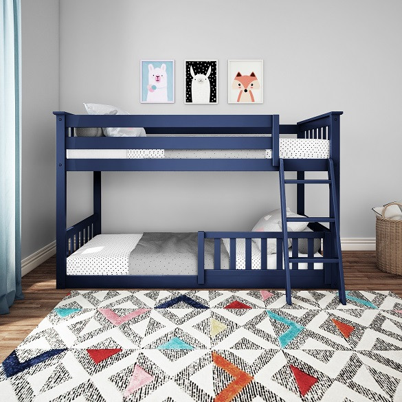 Brody Blue Low Bunk Beds for Kids shown with 1 Optional Bottom Bunk Safety Rail