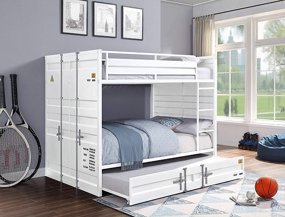 Shipping Container Full Size White Metal Bunk Beds shown with Optional Twin Trundle Room