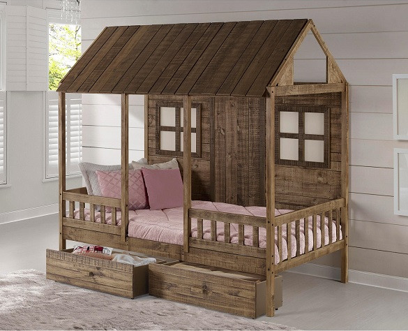 Front Porch Weathered Wood Twin House Bed Room shown with Optional Underbed Storage Drawers