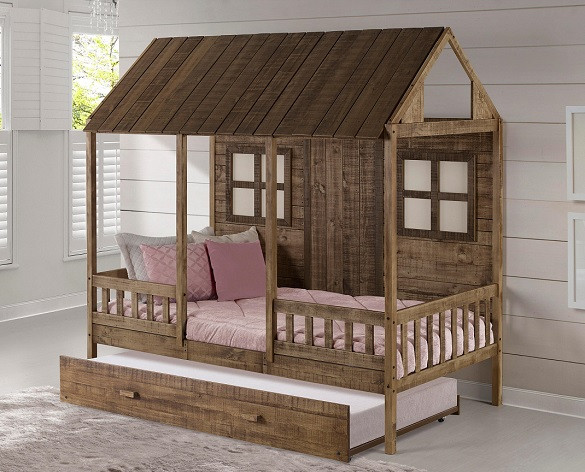 Front Porch Weathered Wood Twin House Bed Room shown with Optional Twin Trundle