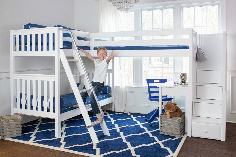 Elkhart White Twin Sleeps 3 Bunk Beds with Stairs-Slatted Ends Angled View with Kid Room