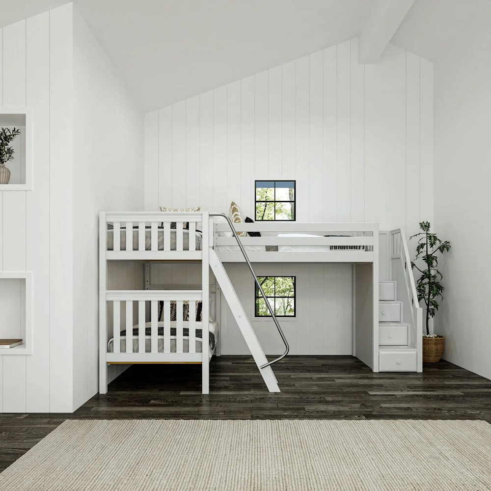 Elkhart White Twin Sleeps 3 Bunk Beds with Stairs-Slatted Ends End View Room