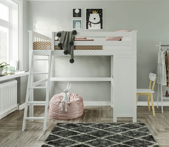 Anaya White Twin Loft Bed with Desk Front View Room