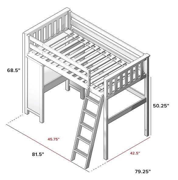 Anaya White Twin Loft Bed with Desk Measurements