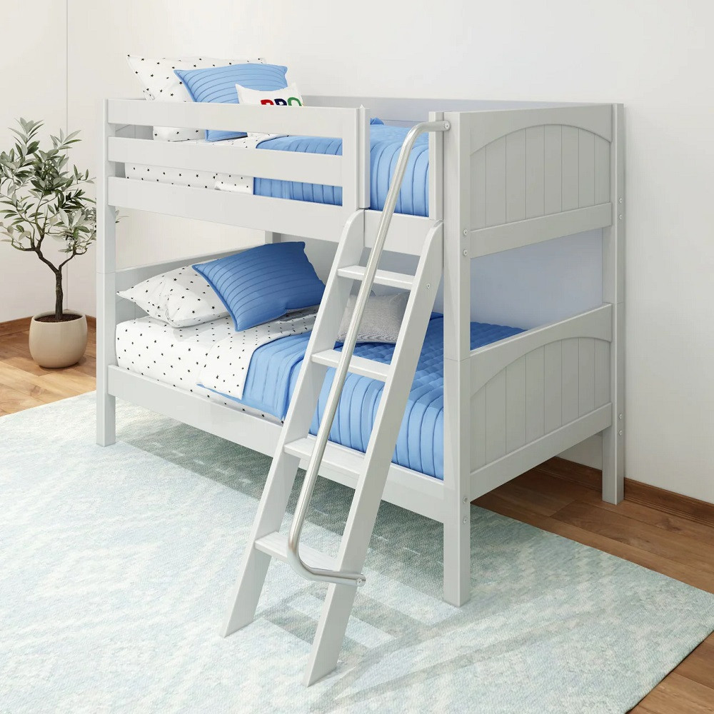 Stella White Twin over Twin Low Bunk Beds for Kids-Panel Ends Angled View Room