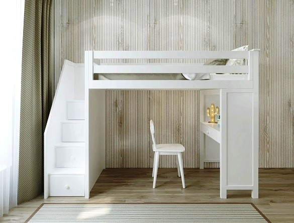 Anaya White Twin Loft Bed with Stairs and Desk Front View Room
