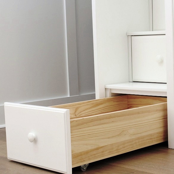 Anaya White Twin Loft Bed with Stairs and Desk Staircase Bottom Drawer Detail