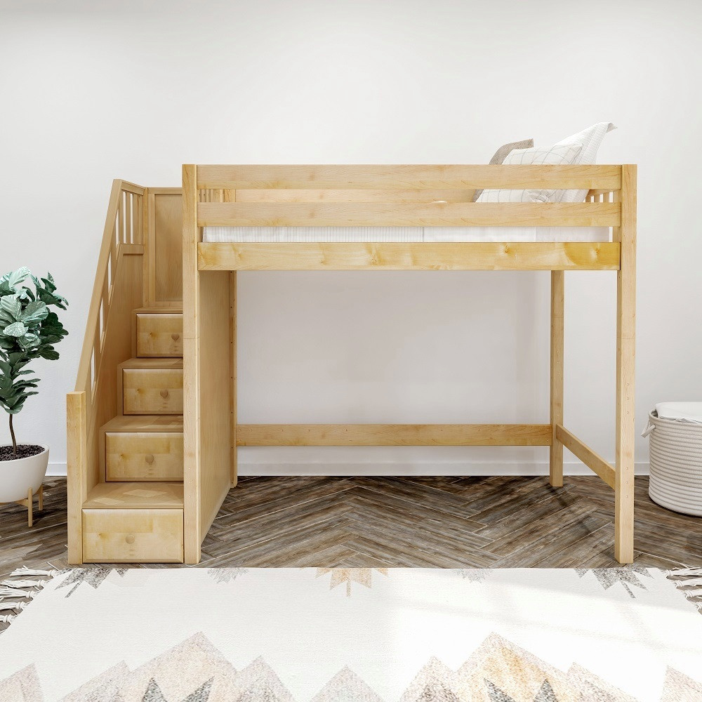 Hayes Natural Twin XL Loft Bed with Stairs Front View Room